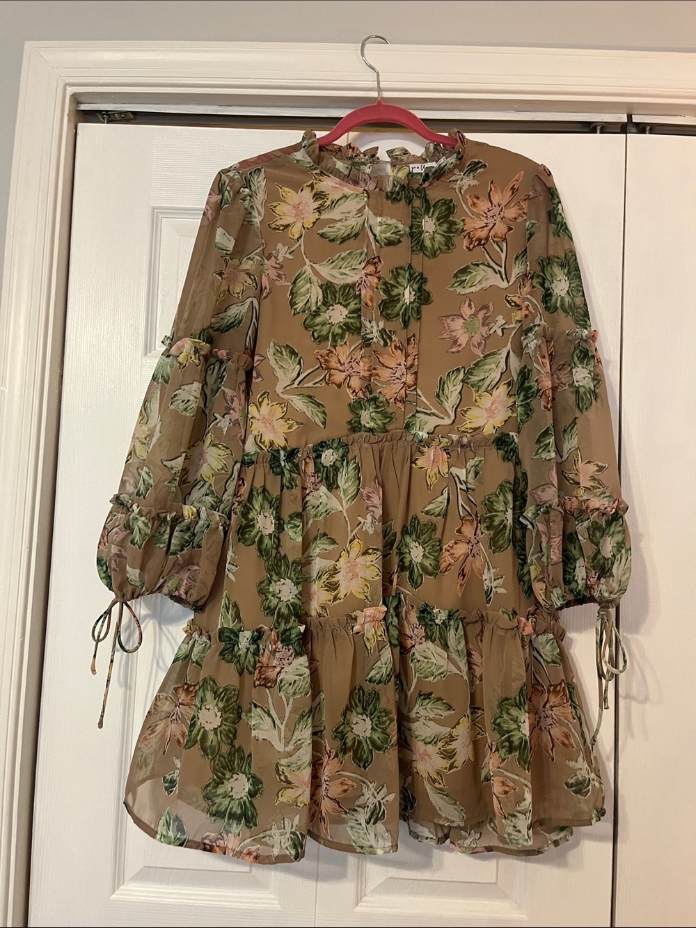 Floral Tiered Mini Dress in Taupe with Green Print